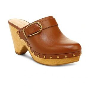 Veronica Beard Brown Leather Mules with Gold Accents